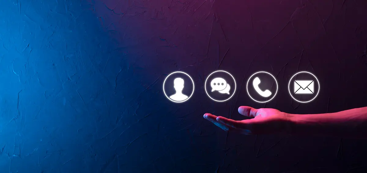 Contact us banner with communication icons and hand gesture inviting users to get in touch