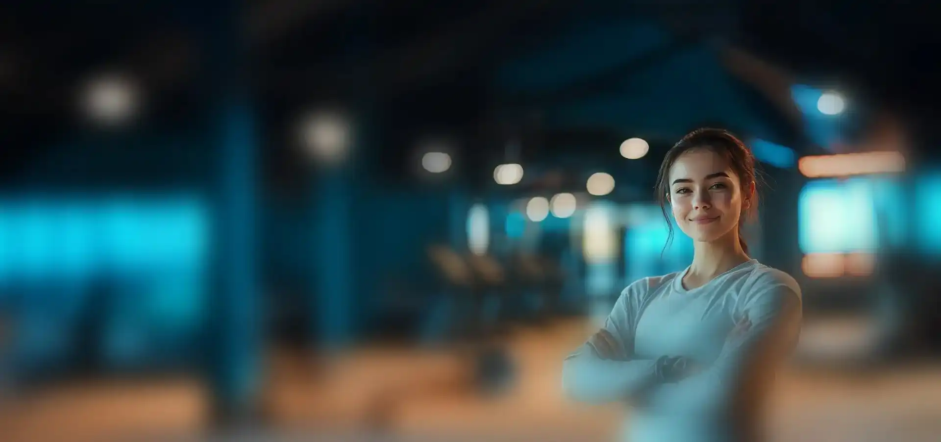 Our management team banner featuring a confident female fitness leader representing Her Space Fitness Studio