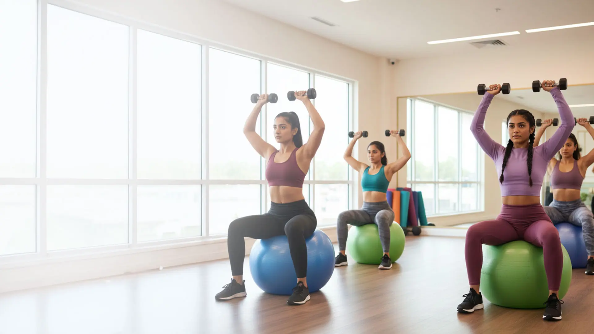 Women doing group workout exercises at Herspace Fitness Studio - Desktop