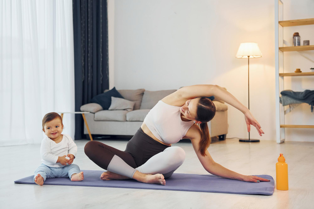 New mother performing safe postnatal recovery exercises under expert guidance
